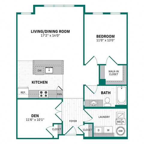 Floor plan for 1 bed, 1 bath, 934 sqft